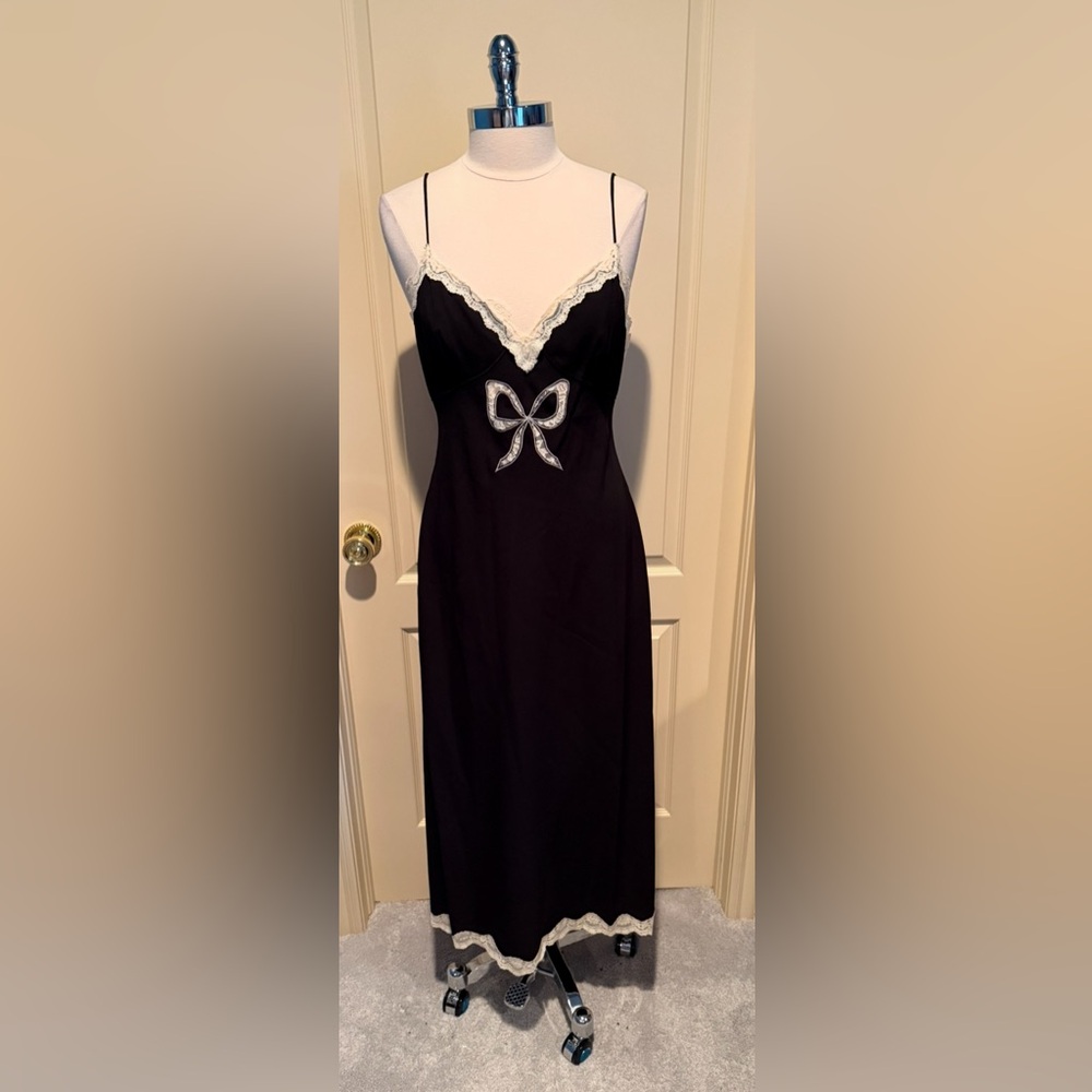 LoveShackFancy Black Midi Slip Dress with White Lace Bow and Trim - Picture 4 of 7